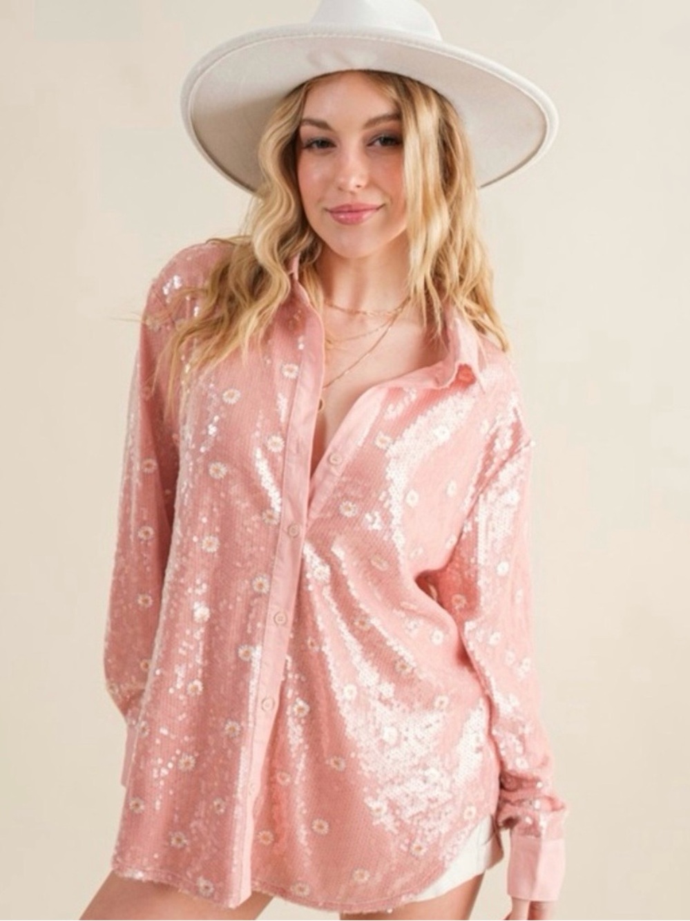 Blue B Pink Sequin Button-Down Women's Top